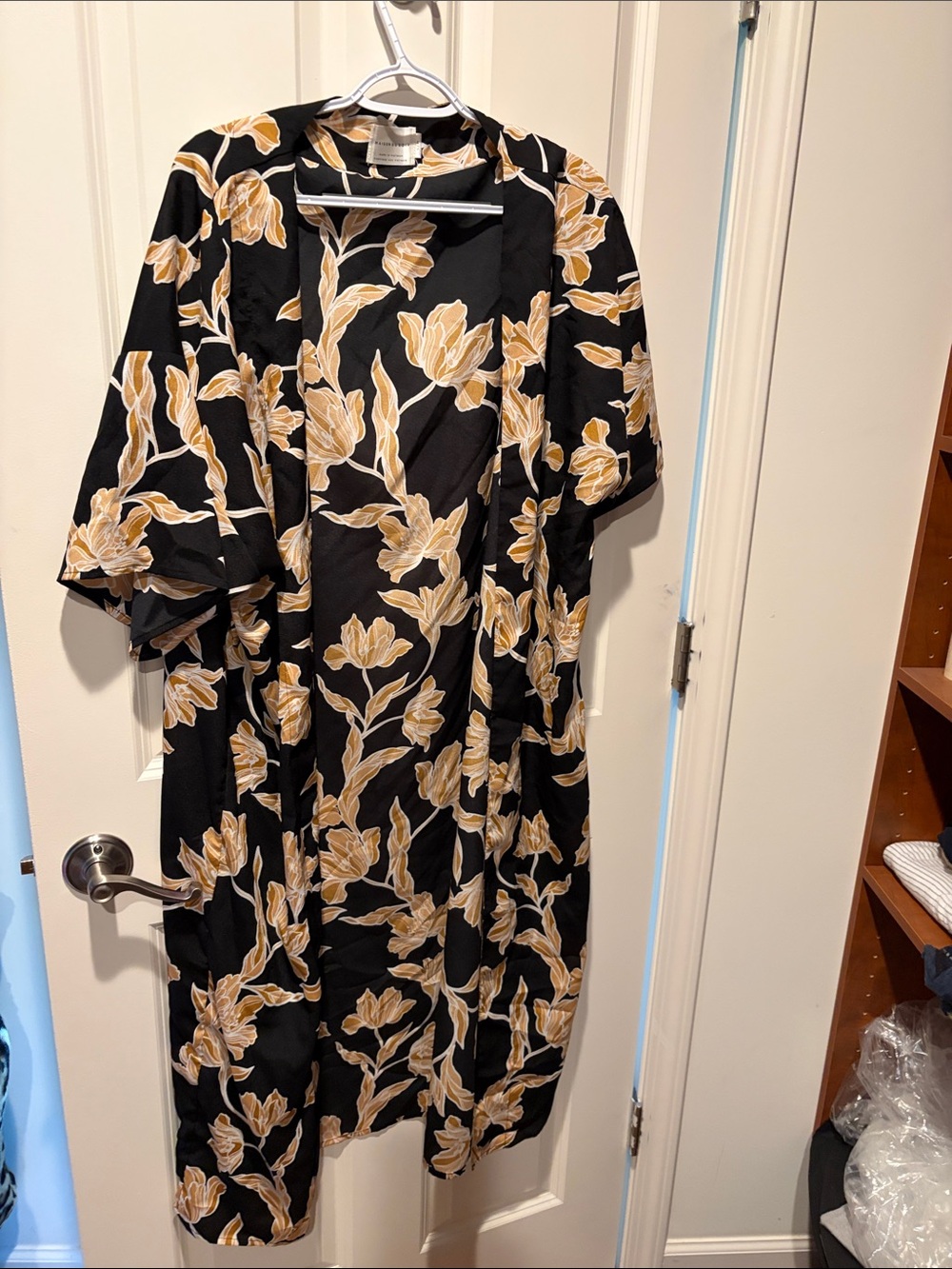 Black Floral Open-Front Kimono Jacket in Mustard